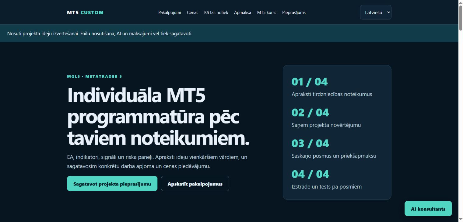 MT5 Custom publicētās mājaslapas ekrānattēls
